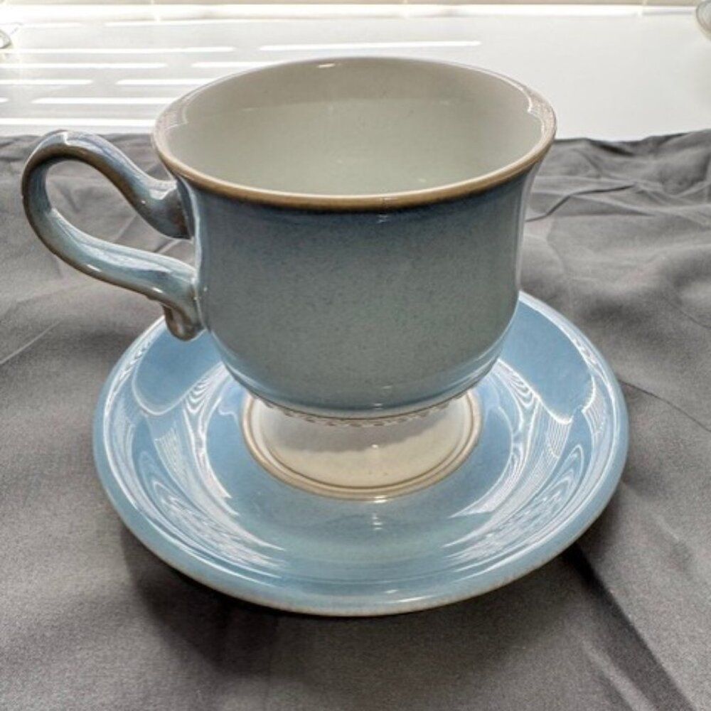 Vintage Denby CASTILE Blue White Footed Coffee Mug & Saucer 3 3/8" England